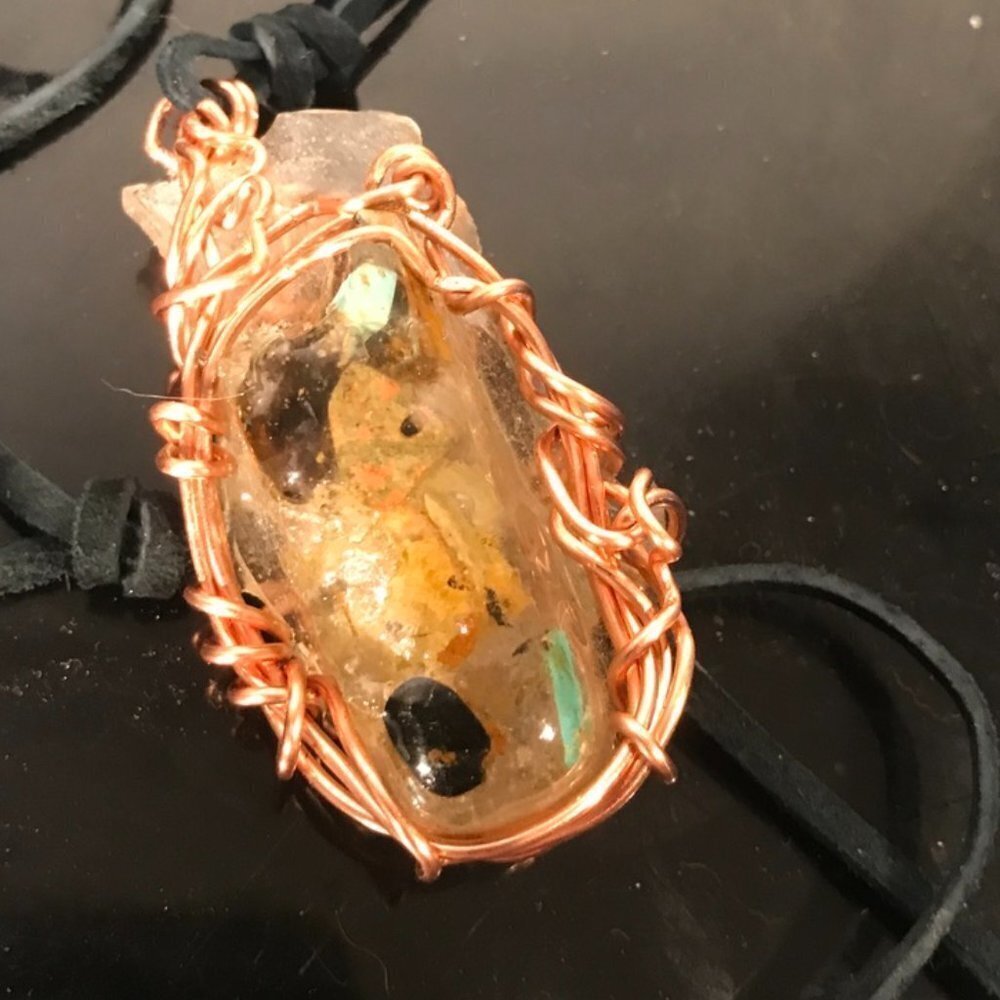 arizona turquoise ethiopian welo opal tourmaline, herkimer quartz Pendant Copper